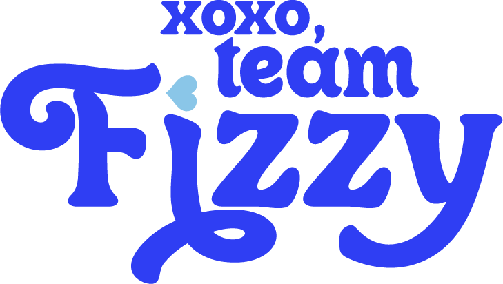 FiZZY accent logo that reads "XOXO, team Fizzy" with a light blue heart